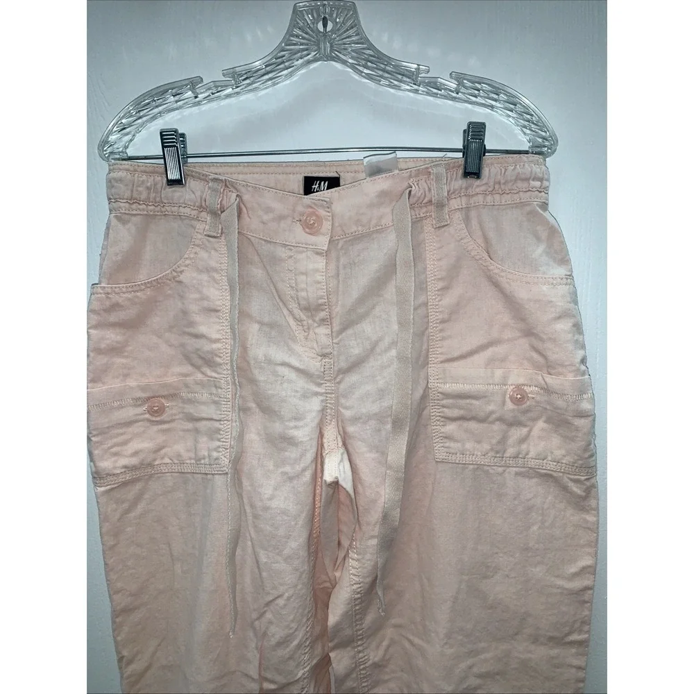H&M Womens Linen Wide-Leg Pants Size 10 Lt Pink Pockets Cinched Tie Casual Beach